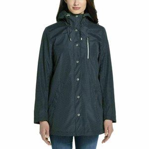 WEATHERPROOF Women Button-up Hooded Rain Jacket-- Black Polka Dot